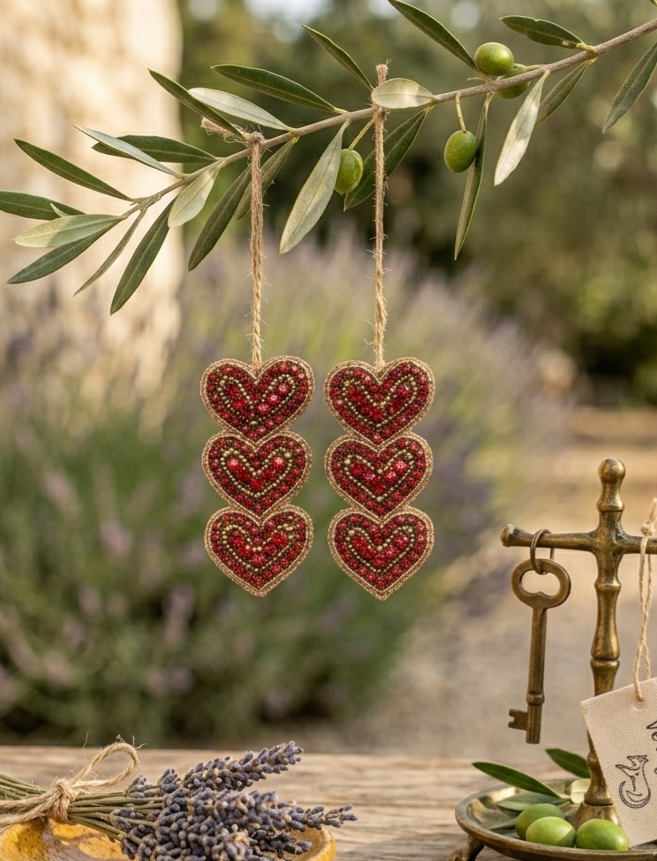 Boucles d'Oreilles Cascade de Cœurs Brodés – Rouge Rubis & Or
