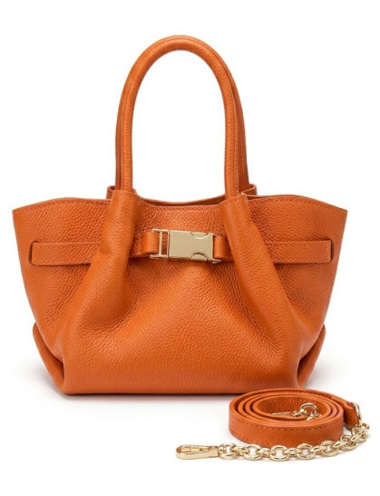 Sac Cabas "Mini" en Cuir Grainé Orange — Fabriqué en Italie & Chaîne Dorée