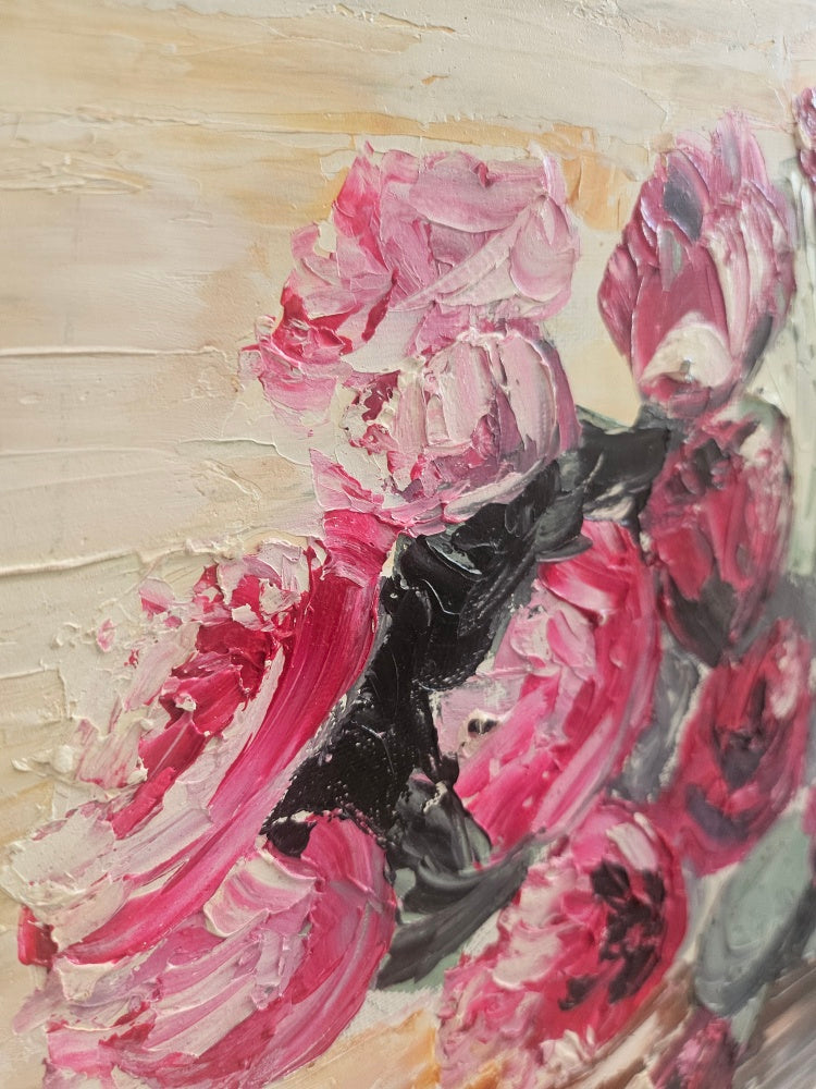 Tableau Peinture au Couteau "Cactus en Fleurs dans le Désert", Signé BéGé – Grand Cadre Blanc Vintage