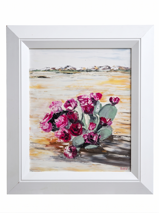 Tableau Peinture au Couteau "Cactus en Fleurs dans le Désert", Signé BéGé – Grand Cadre Blanc Vintage