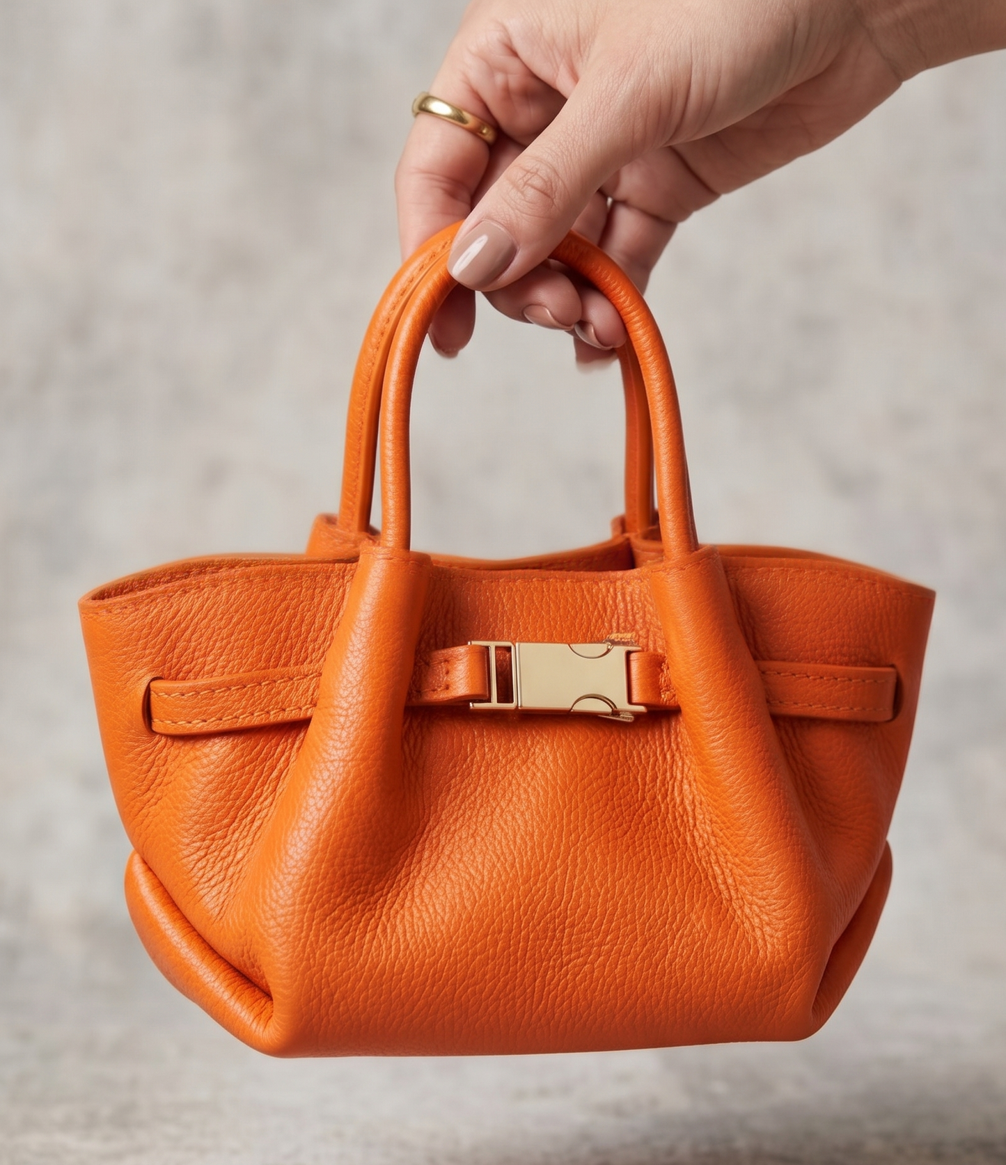 Sac Cabas "Mini" en Cuir Grainé Orange — Fabriqué en Italie & Chaîne Dorée