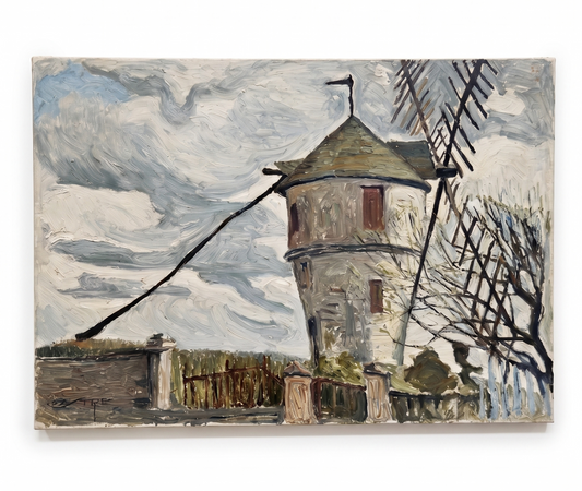 Tableau Huile sur Toile Moulin à Vent Rural, Signé PASTRE - Art Populaire / Postimpressionniste