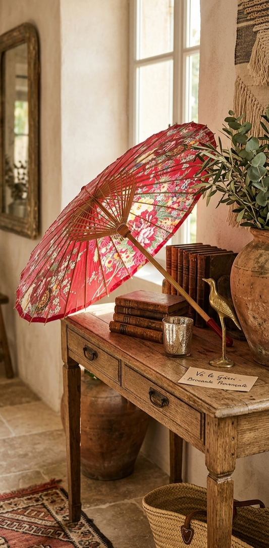 Ombrelle Vintage Asiatique en Bambou et Toile Rouge Fleurie (Ø 86 cm)