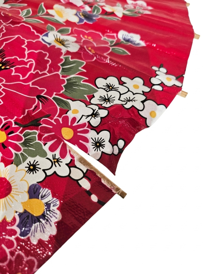 Ombrelle Vintage Asiatique en Bambou et Toile Rouge Fleurie (Ø 86 cm)